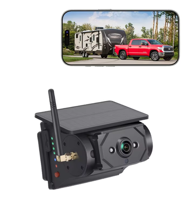WiFi Solar Panel AHD Wireless Reverse Camera, Built‑in Battery Waterproof Night Vision Backup Camera Support IOS Android Phones for Winnebago RVs & Trucks